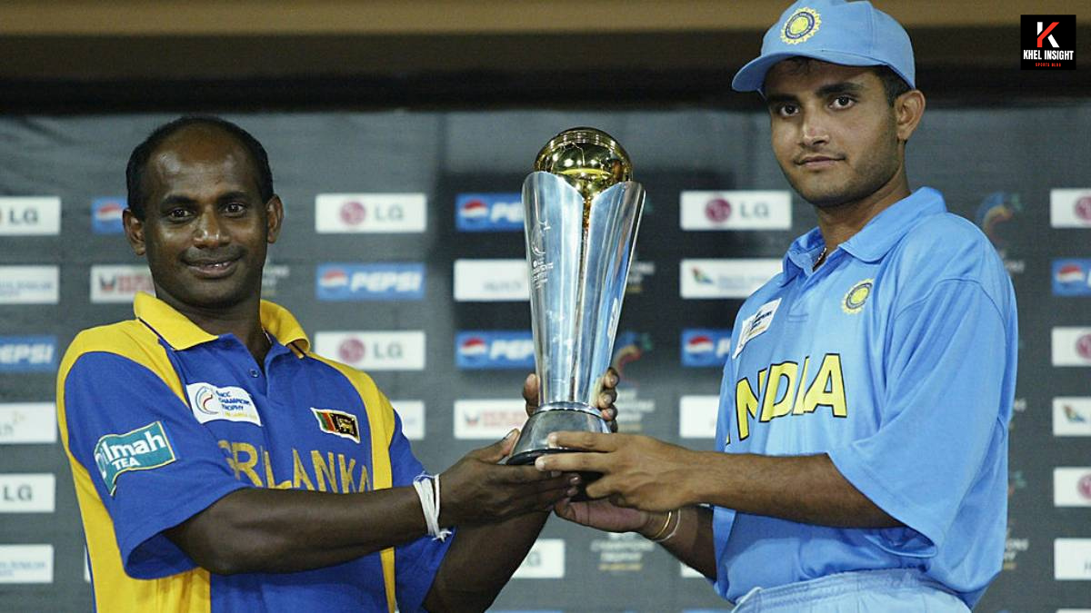 Sourav Ganguly and Sanath Jayasuriya holding the 2002 ICC Champions Trophy together after rain-interrupted final.