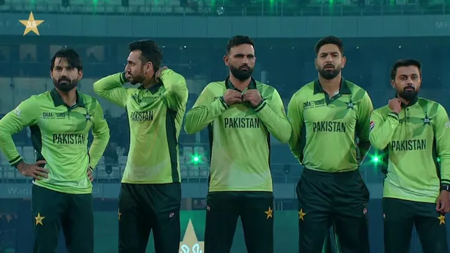 Pakistan cricket team players looking disappointed after losing to New Zealand in Champions Trophy 2025.