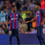Ansu Fati and Yamal is shaking hands on the field during the game of FC Barcelona