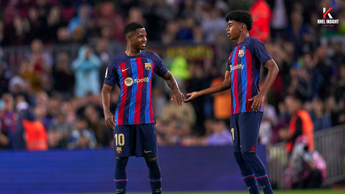 Ansu Fati and Yamal is shaking hands on the field during the game of FC Barcelona