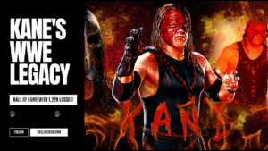 Kane in full mask and ring attire performing chokeslam, pyro erupting at WWE event