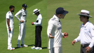 Shubman Gill receiving on-field back treatment during England innings at Lord's Cricket Ground