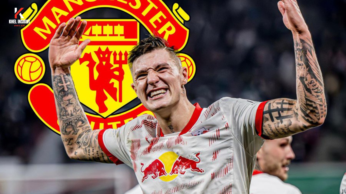 Benjamin Sesko in RB Leipzig kit amid Manchester United and Newcastle transfer battle